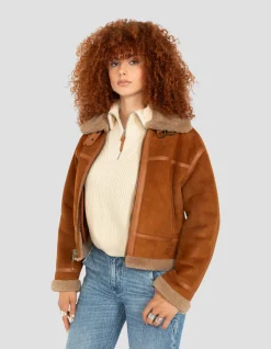 Blouson bombardier court type B-3 cannelle, mouton double face suédé - CANNELLE