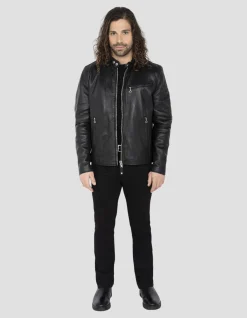 Blouson café racer noir, cuir d'agneau - NOIR