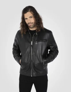 Blouson café racer noir, cuir d'agneau - NOIR