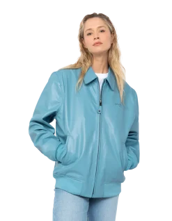 Blouson casual bleu ciel, cuir de vachette - BLEU CIEL
