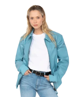 Blouson casual bleu ciel, cuir de vachette - BLEU CIEL