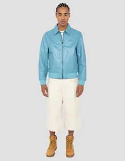 Blouson casual léger bleu ciel, cuir de vachette - BLEU CIEL
