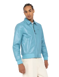 Blouson casual léger bleu ciel, cuir de vachette - BLEU CIEL