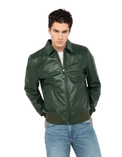 Blouson casual léger vert, cuir de vachette - VERT