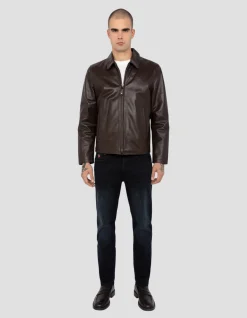 Blouson casual marron clair, cuir de vachette - MARRON CLAIR
