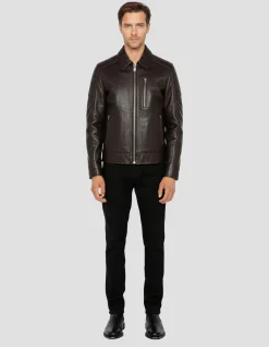 Blouson casual marron, cuir d'agneau - MARRON