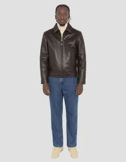 Blouson casual marron foncé, cuir de vachette - MARRON FONCÉ