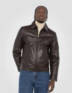 Blouson casual marron foncé, cuir de vachette - MARRON FONCÉ
