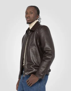 Blouson casual marron foncé, cuir de vachette - MARRON FONCÉ