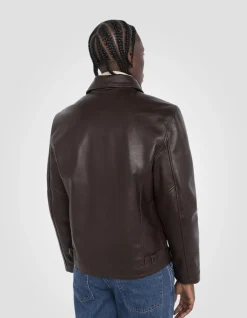Blouson casual marron foncé, cuir de vachette - MARRON FONCÉ
