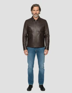 Blouson casual marron foncé, cuir de vachette - MARRON FONCÉ