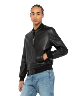 Blouson casual noir, cuir d'agneau - NOIR