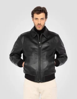 Blouson casual noir finition bord côte, cuir de vachette - NOIR