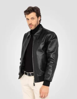 Blouson casual noir finition bord côte, cuir de vachette - NOIR