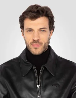 Blouson casual noir finition bord côte, cuir de vachette - NOIR