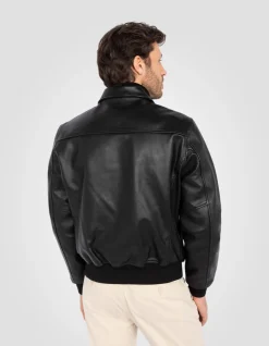 Blouson casual noir finition bord côte, cuir de vachette - NOIR