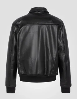 Blouson casual noir finition bord côte, cuir de vachette - NOIR