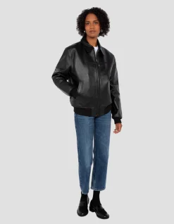Blouson casual noir finition bord côte, cuir de vachette - NOIR