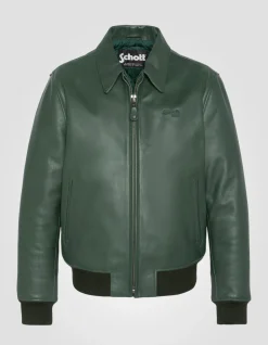 Blouson casual vert finition bord côte, cuir de vachette - VERT