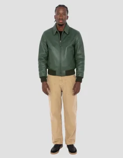 Blouson casual vert finition bord côte, cuir de vachette - VERT