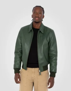 Blouson casual vert finition bord côte, cuir de vachette - VERT