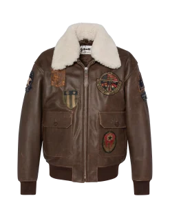 Blouson marron aviateur vintage badgé, cuir de chèvre - MARRON
