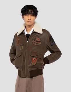 Blouson marron aviateur vintage badgé, cuir de chèvre - MARRON