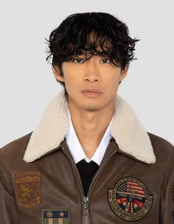 Blouson marron aviateur vintage badgé, cuir de chèvre - MARRON