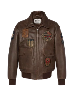Blouson marron aviateur vintage badgé, cuir de chèvre - MARRON