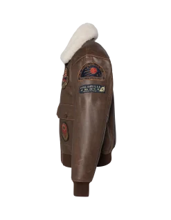 Blouson marron aviateur vintage badgé, cuir de chèvre - MARRON