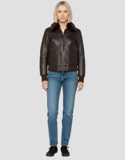 Blouson marron foncé avec col en fausse fourrure amovible - MARRON FONCÉ