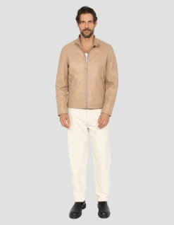 Blouson motard beige, cuir d'agneau - BEIGE