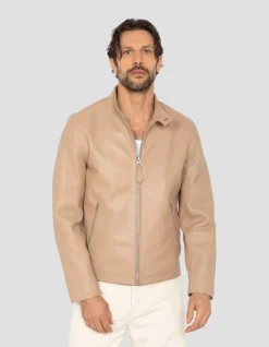 Blouson motard beige, cuir d'agneau - BEIGE