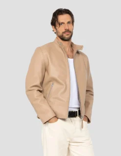 Blouson motard beige, cuir d'agneau - BEIGE