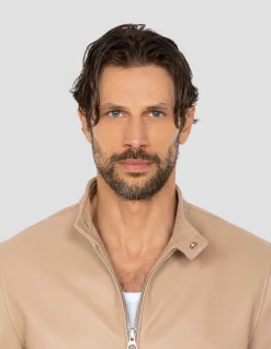 Blouson motard beige, cuir d'agneau - BEIGE
