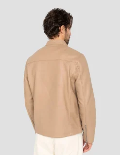 Blouson motard beige, cuir d'agneau - BEIGE