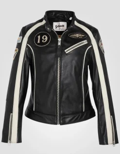 Blouson motard noir badgé, cuir de vachette - NOIR