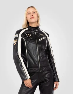 Blouson motard noir badgé, cuir de vachette - NOIR