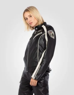 Blouson motard noir badgé, cuir de vachette - NOIR