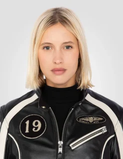 Blouson motard noir badgé, cuir de vachette - NOIR