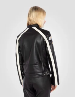 Blouson motard noir badgé, cuir de vachette - NOIR