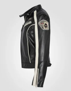 Blouson motard noir badgé, cuir de vachette - NOIR