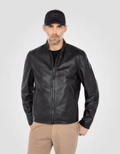 Blouson motard noir, cuir d'agneau - NOIR