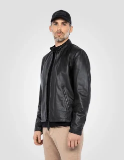 Blouson motard noir, cuir d'agneau - NOIR