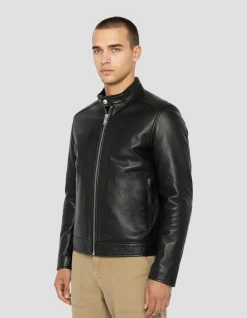 Blouson motard noir, cuir d'agneau - NOIR