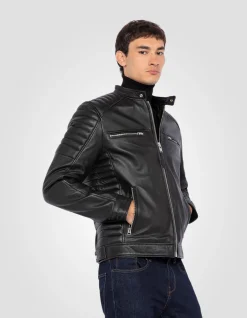 Blouson motard noir, cuir d'agneau - NOIR