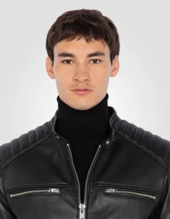 Blouson motard noir, cuir d'agneau - NOIR