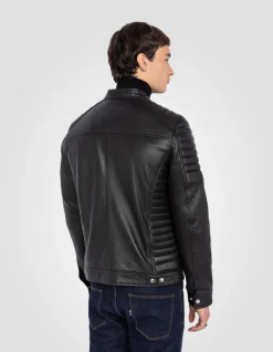 Blouson motard noir, cuir d'agneau - NOIR