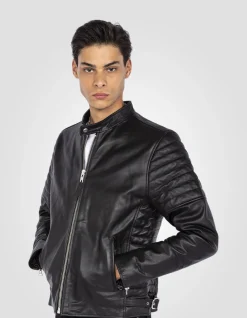Blouson motard noir, cuir de vachette - NOIR