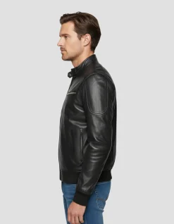 Blouson motard noir multipoches, cuir d'agneau - NOIR